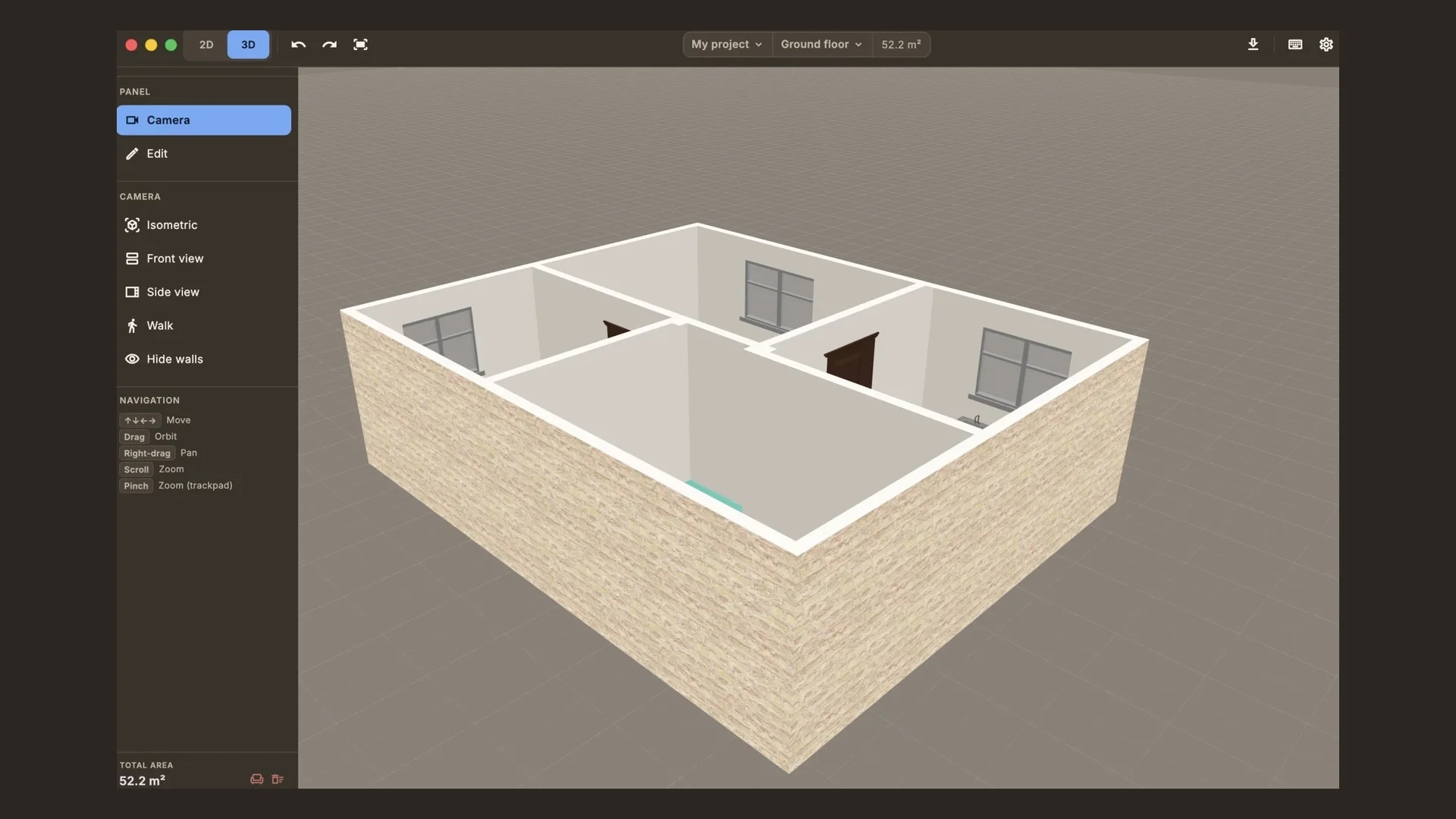 Isometric 3D view of a home drawn in Arti, the macOS floor plan editor