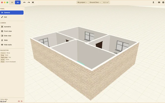 Vue 3D d'Arti avec le panneau caméra : isométrique, façade, profil, visite
