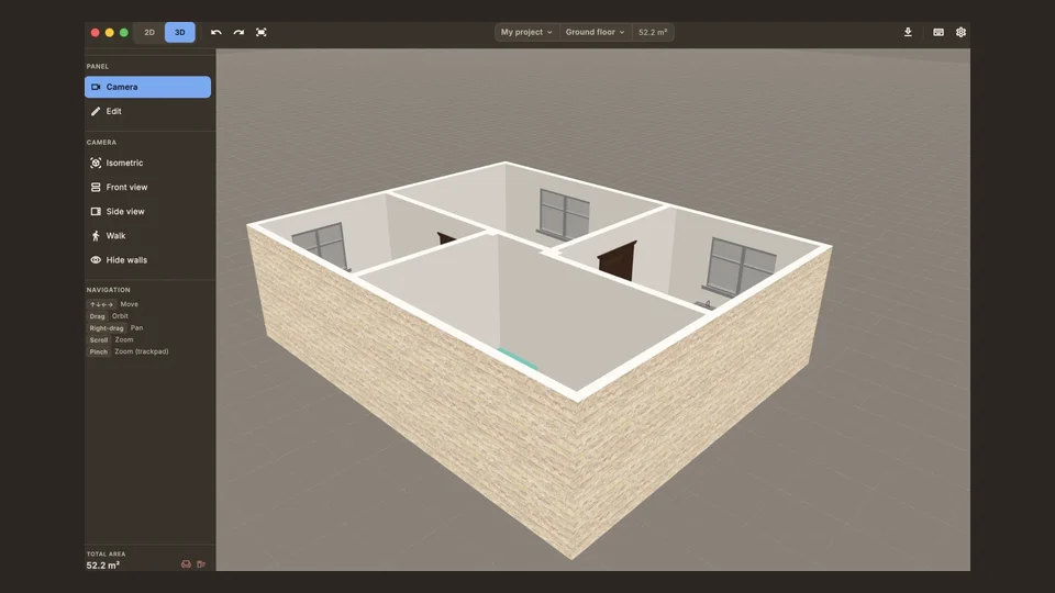 Isometric 3D view of a home drawn in Arti, the macOS floor plan editor